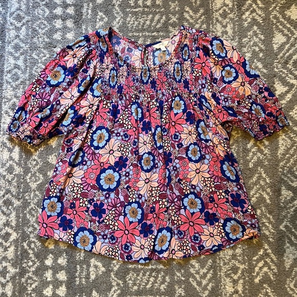 Terra & Sky Blue and Pink Ruffled 3/4 Sleeve Blouse size 1X (SKU-D-125) - Picture 8 of 10